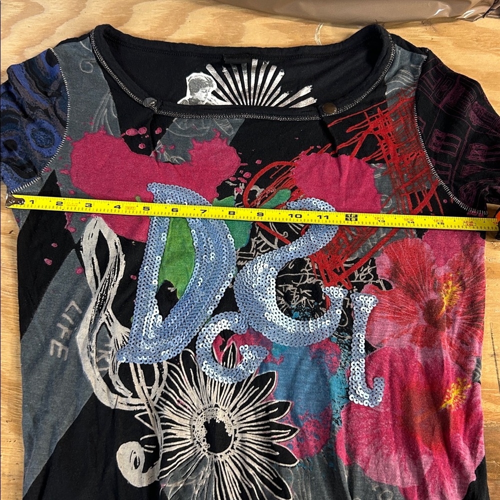 Vtg Desigual Y2K Graphic Top Sequin Embellished Mixed Media Patchwork - Picture 4 of 4